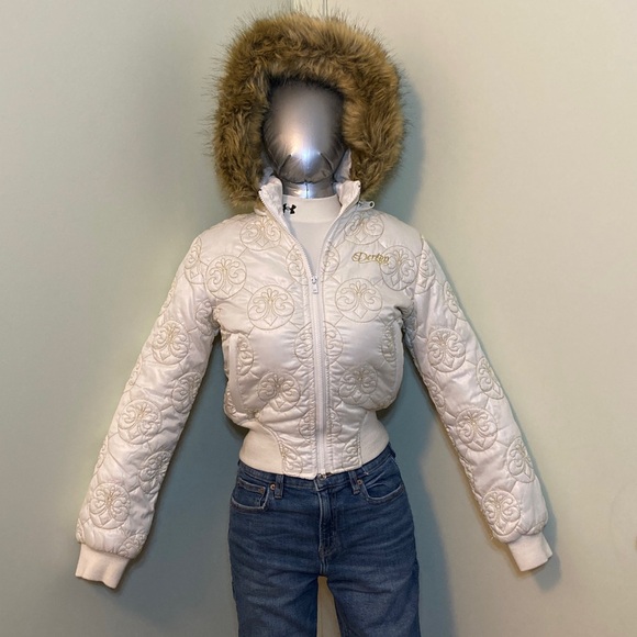 Dereon Cream Quilted Puffer Jacket with Faux Fur Hood - Picture 2 of 14